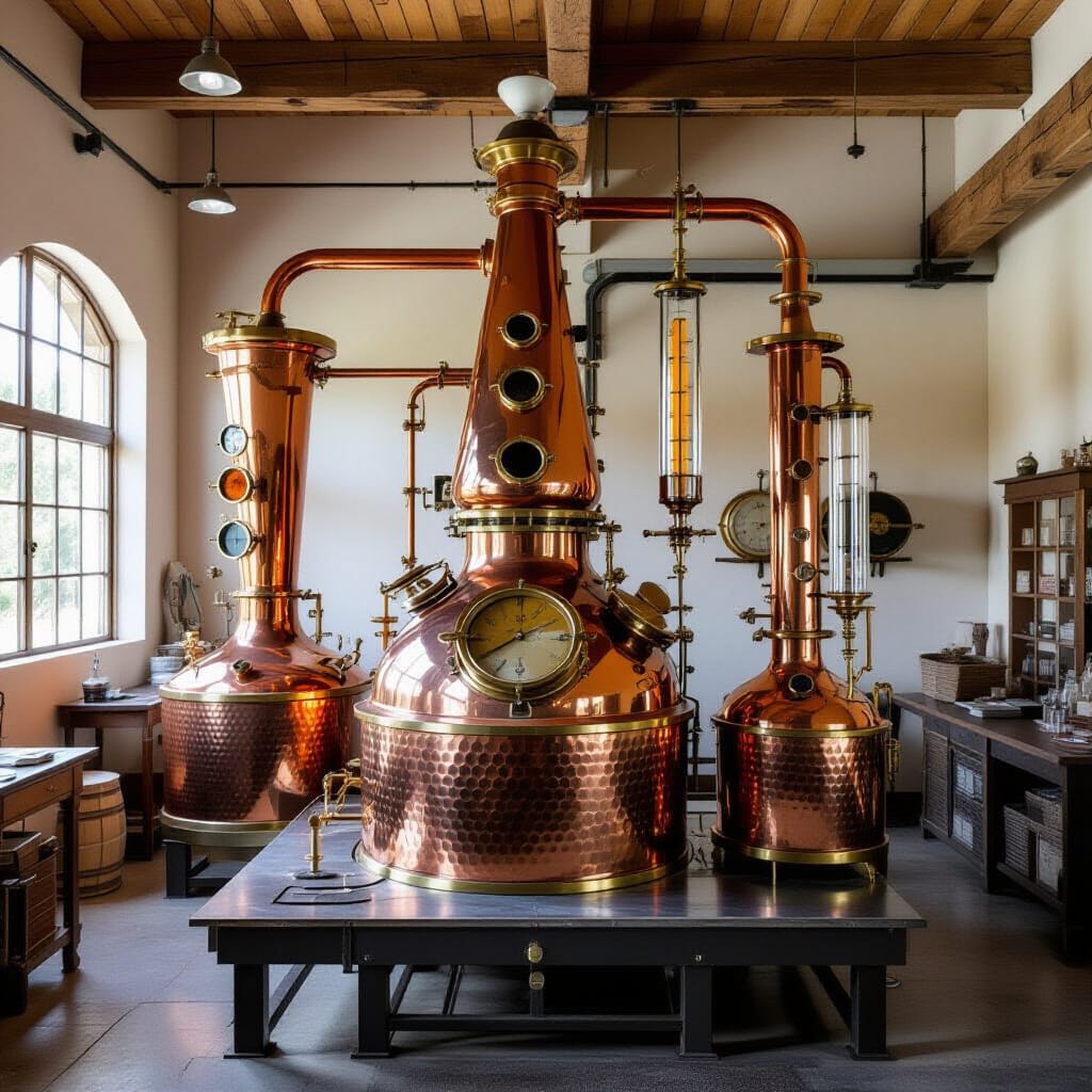 A Renaissance-style composition with an alchemist's copper still, detailed metalwork patterns, cut-crystal containers, brass scientific instruments, ancient manuscripts, all illuminated by multiple oil lamps casting complex shadows
