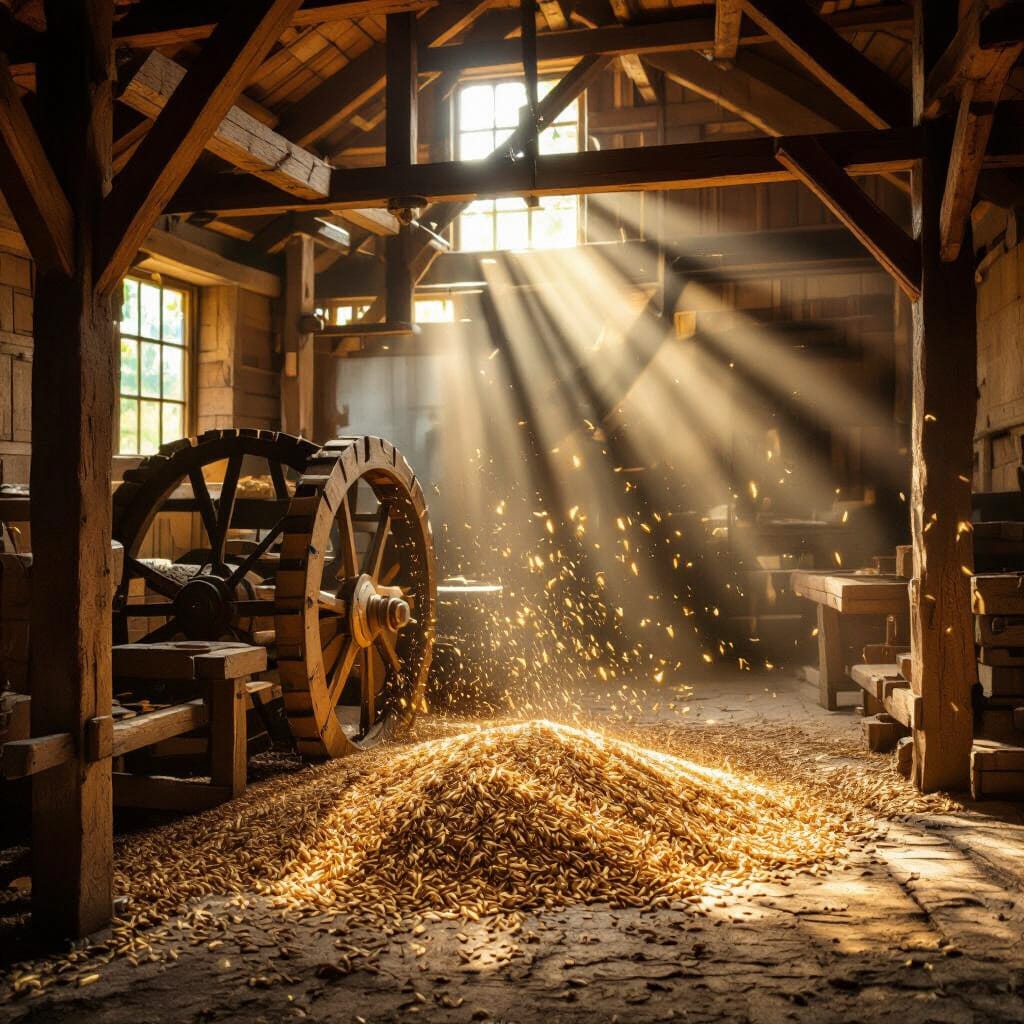 A traditional wooden mill interior with sunbeams through dusty air, golden grain particles in suspension, soft morning light